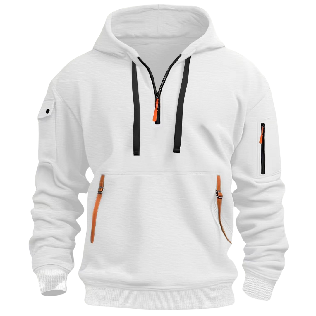 Men's hooded sweatshirt with half-zip neck, long sleeves and utility pockets