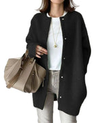 Women's longline button-front cardigan with round neck and long sleeves