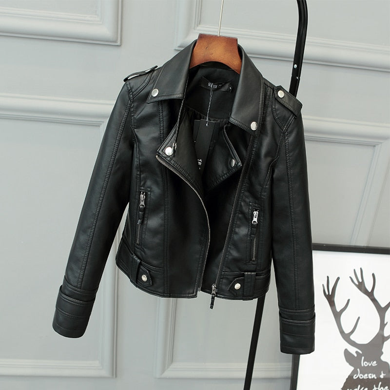 Black women's biker jacket with asymmetric zip, lapel collar and long sleeves