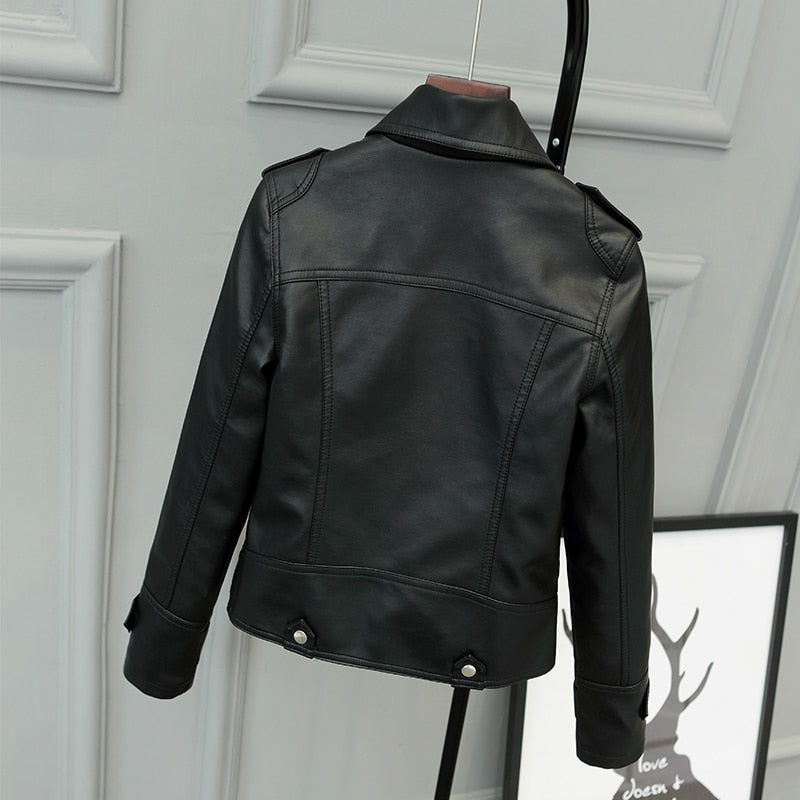 Black women's biker jacket with asymmetric zip, lapel collar and long sleeves