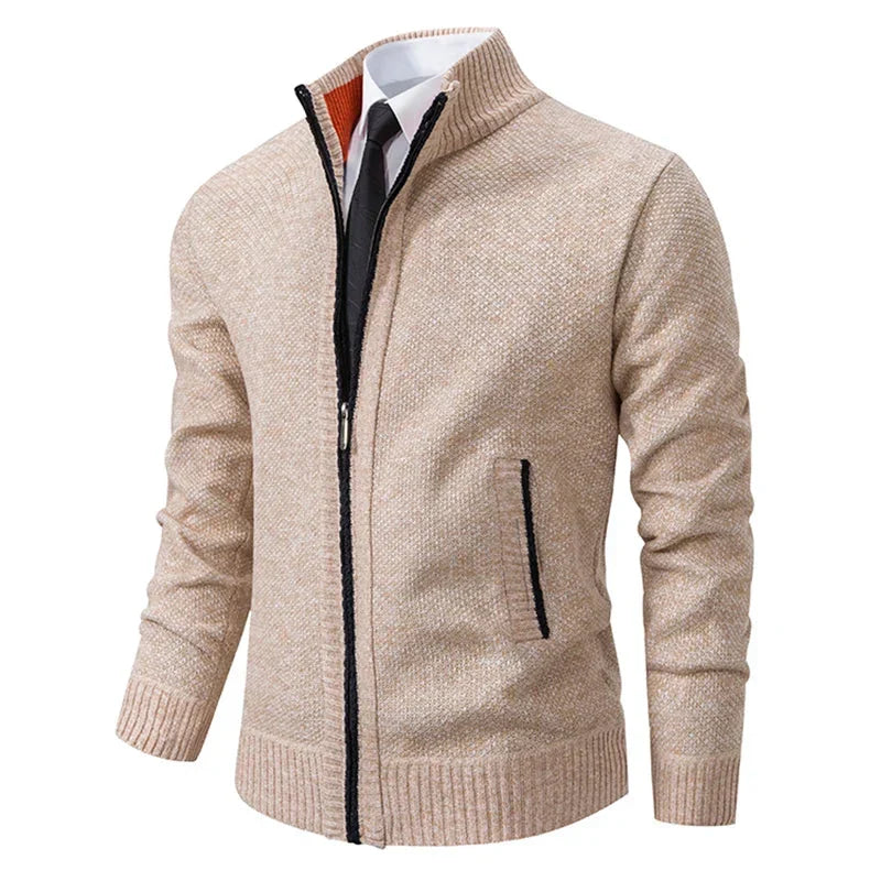 Men's textured zip-up sweater with mock neck and side pockets