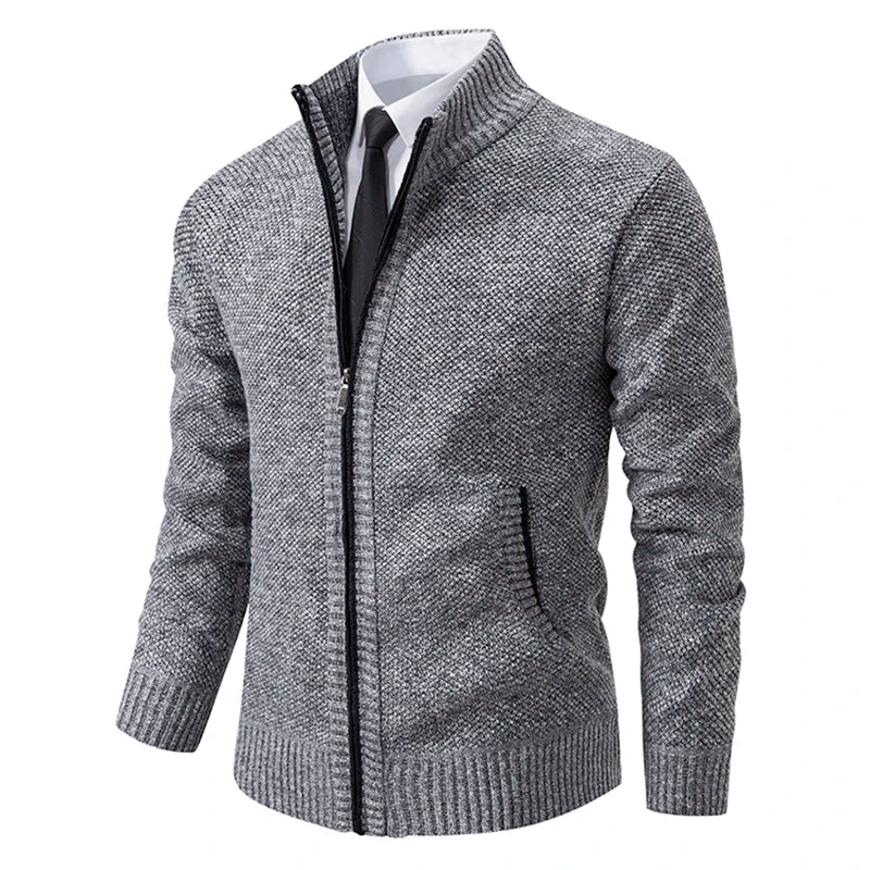 Men's textured zip-up sweater with mock neck and side pockets