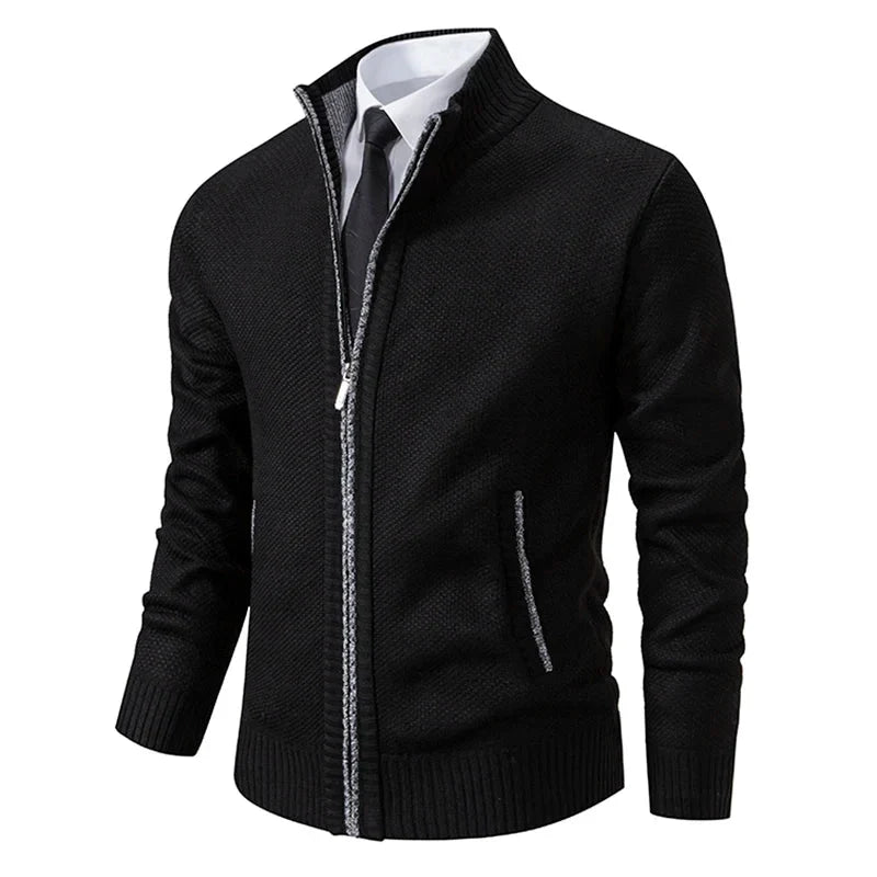 Men's textured zip-up sweater with mock neck and side pockets
