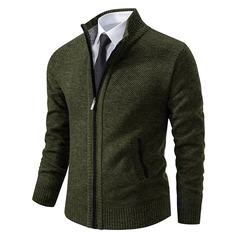 Men's textured zip-up sweater with mock neck and side pockets