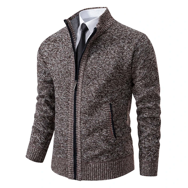 Men's textured zip-up sweater with mock neck and side pockets