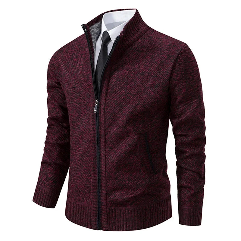 Men's textured zip-up sweater with mock neck and side pockets