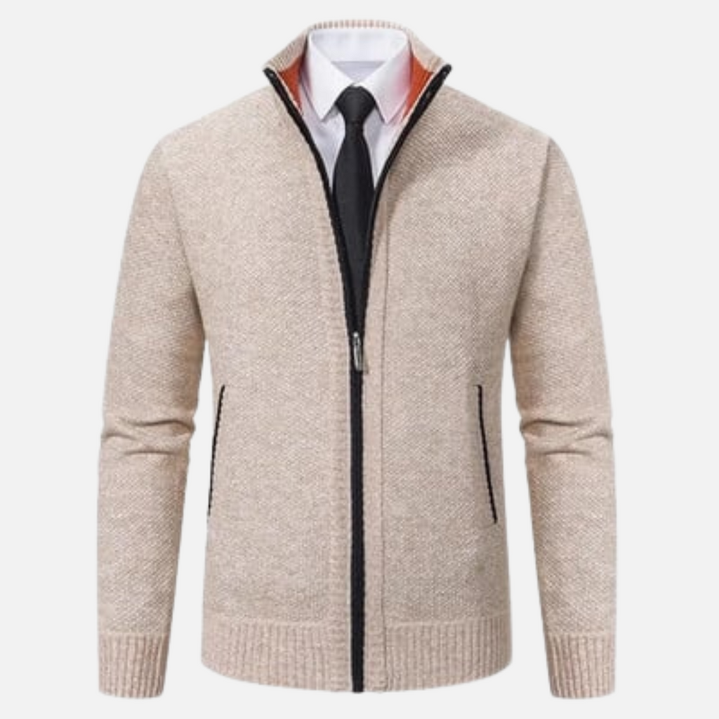 Men's textured zip-up sweater with mock neck and side pockets