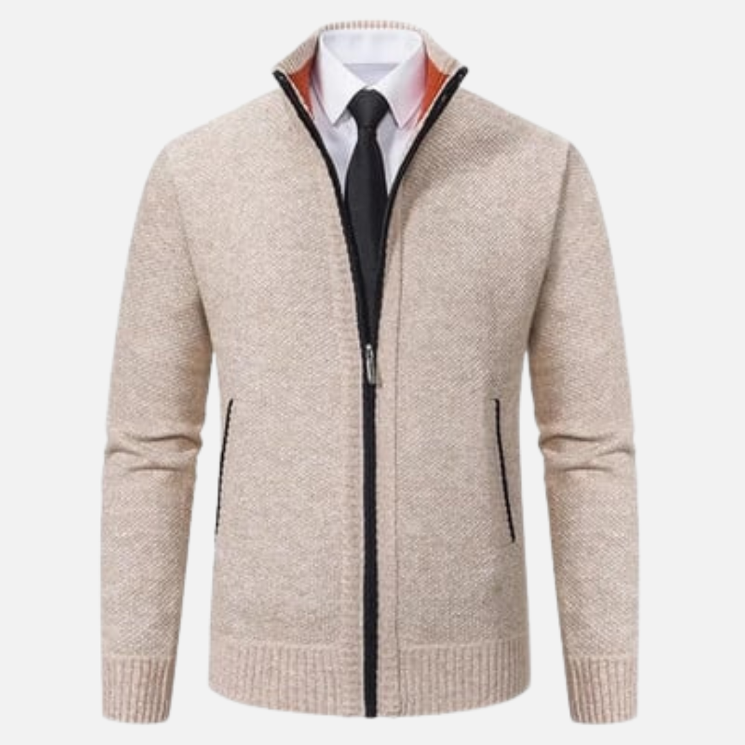 Men's textured zip-up sweater with mock neck and side pockets