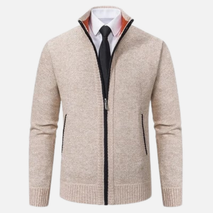 Men's textured zip-up sweater with mock neck and side pockets