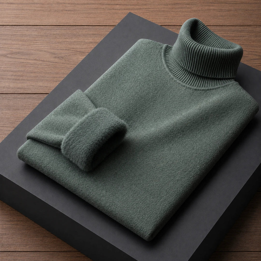 Fleece lined turtleneck sweater with ribbed trims