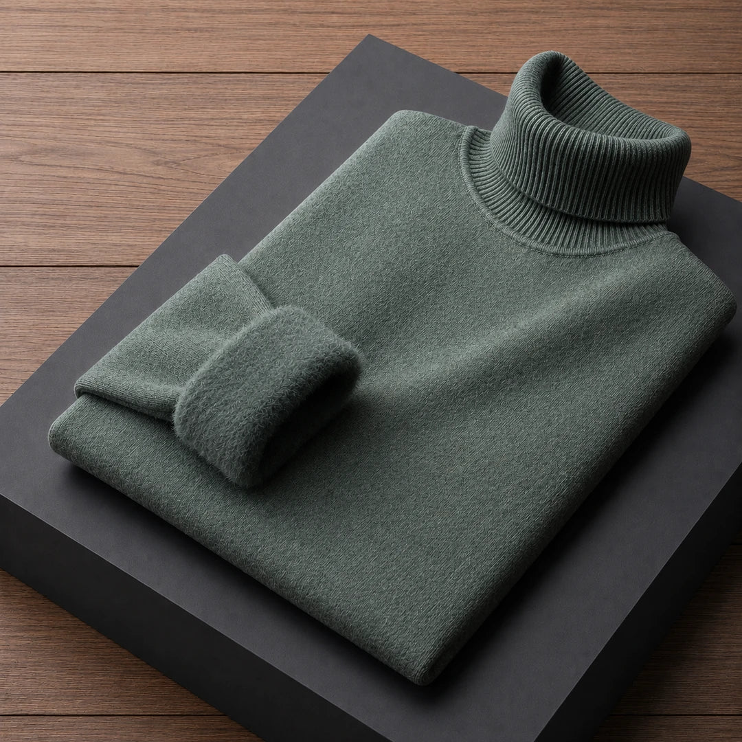 Fleece lined turtleneck sweater with ribbed trims