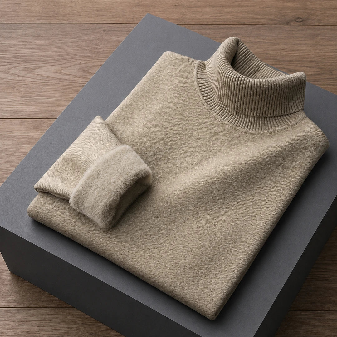 Fleece lined turtleneck sweater with ribbed trims