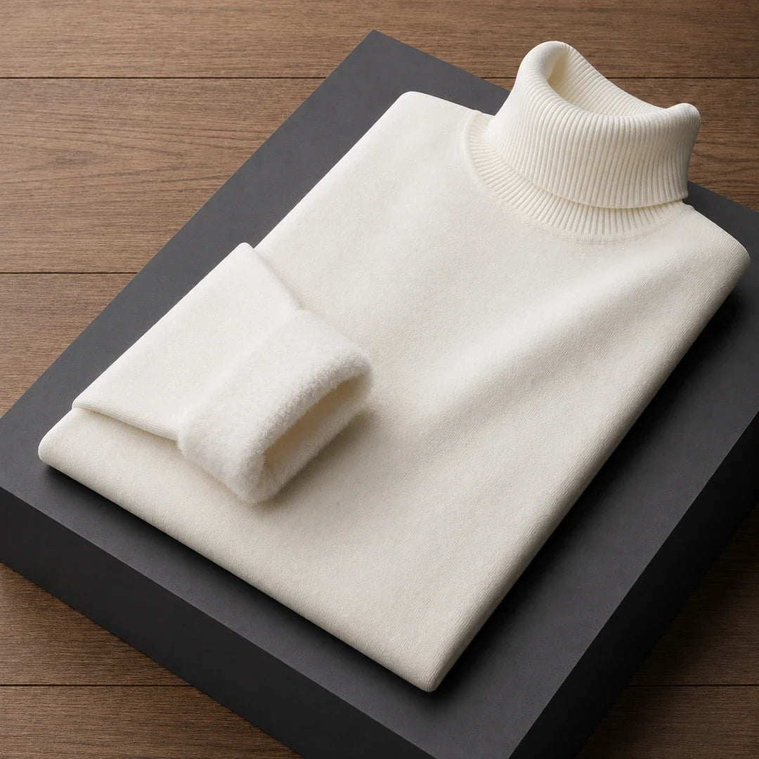 Fleece lined turtleneck sweater with ribbed trims