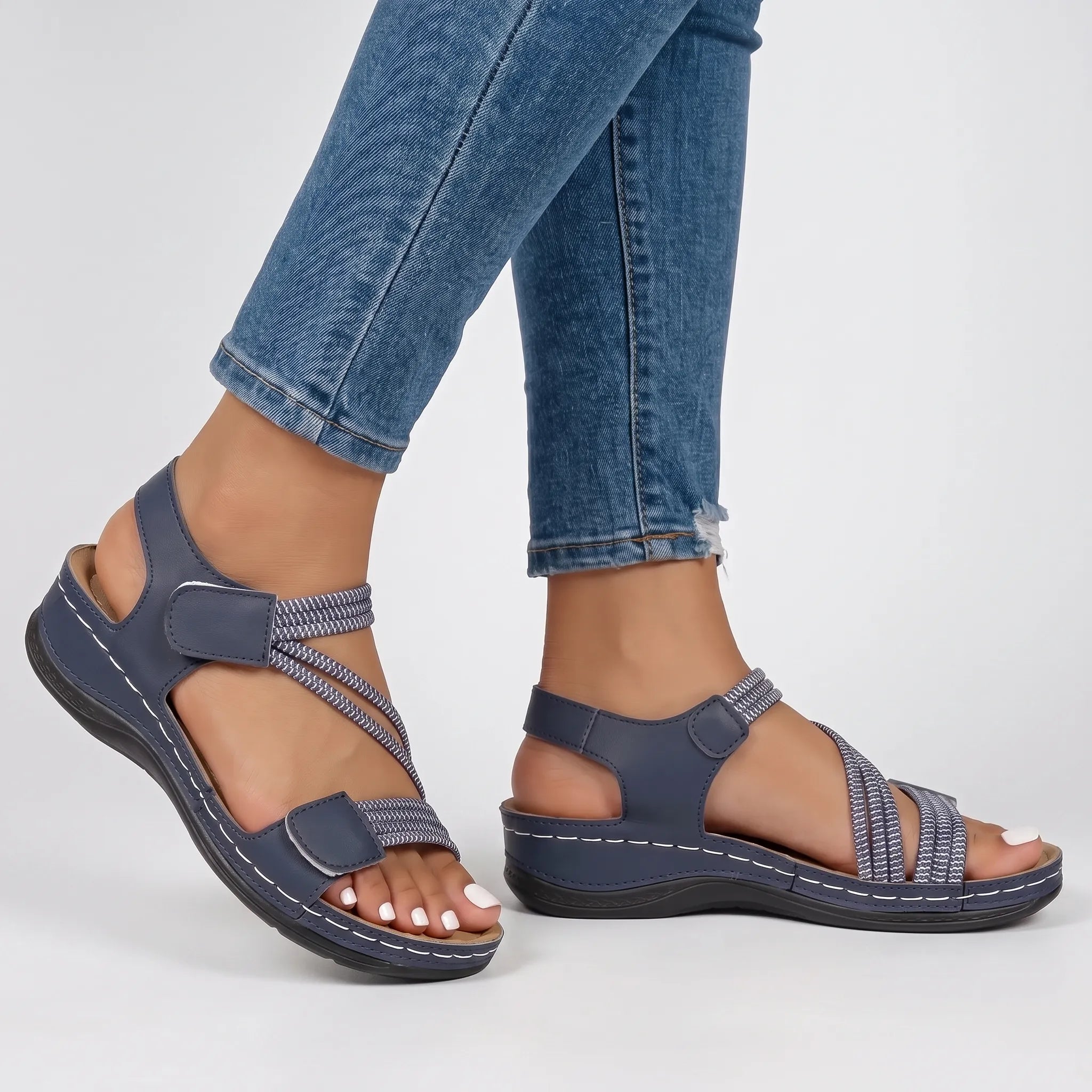 Flexara  - Elasticated Cross Strap Wedge Sandals Everyday Walking