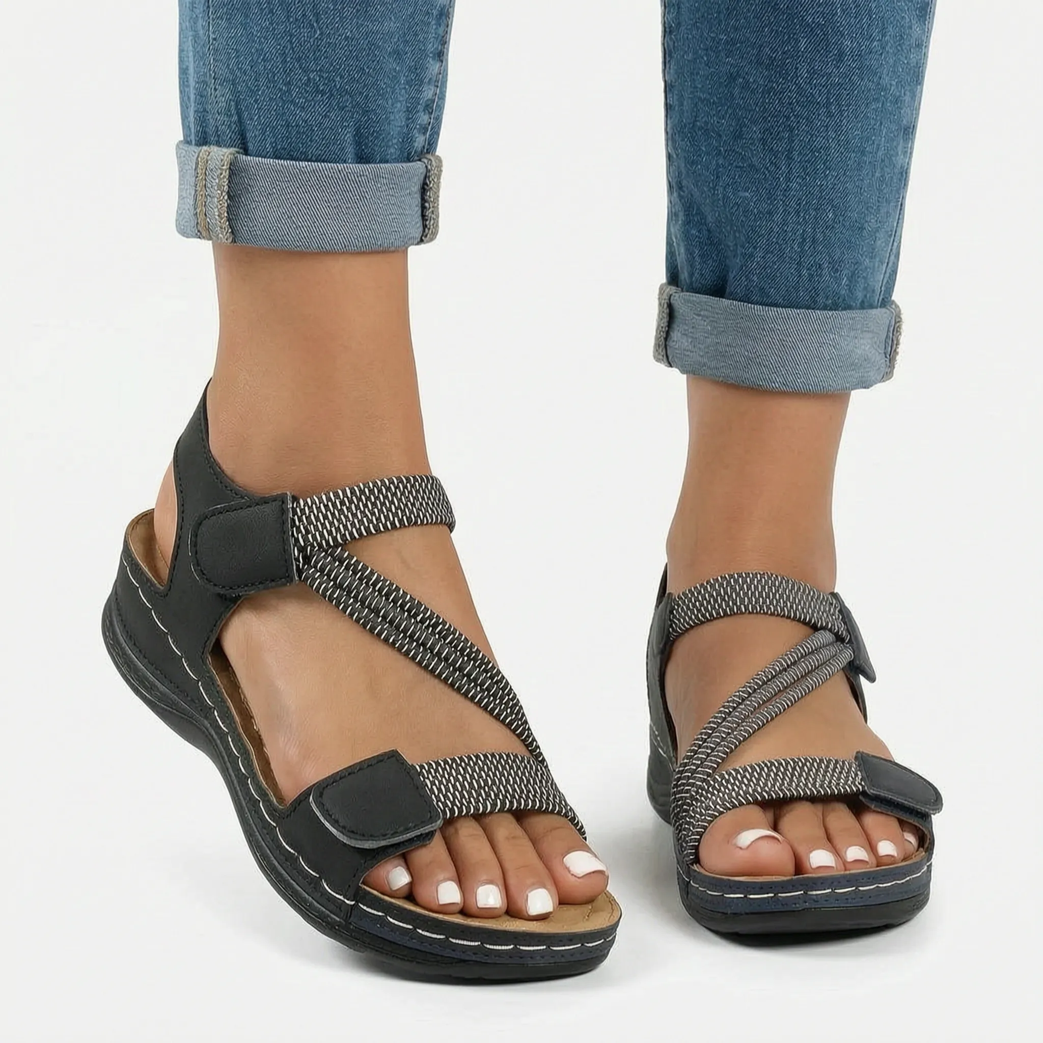 Flexara  - Elasticated Cross Strap Wedge Sandals Everyday Walking