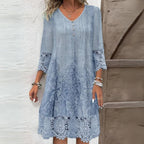 Women's embroidered floral midi dress with lace trim and three-quarter sleeves