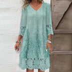 Women's embroidered floral midi dress with lace trim and three-quarter sleeves