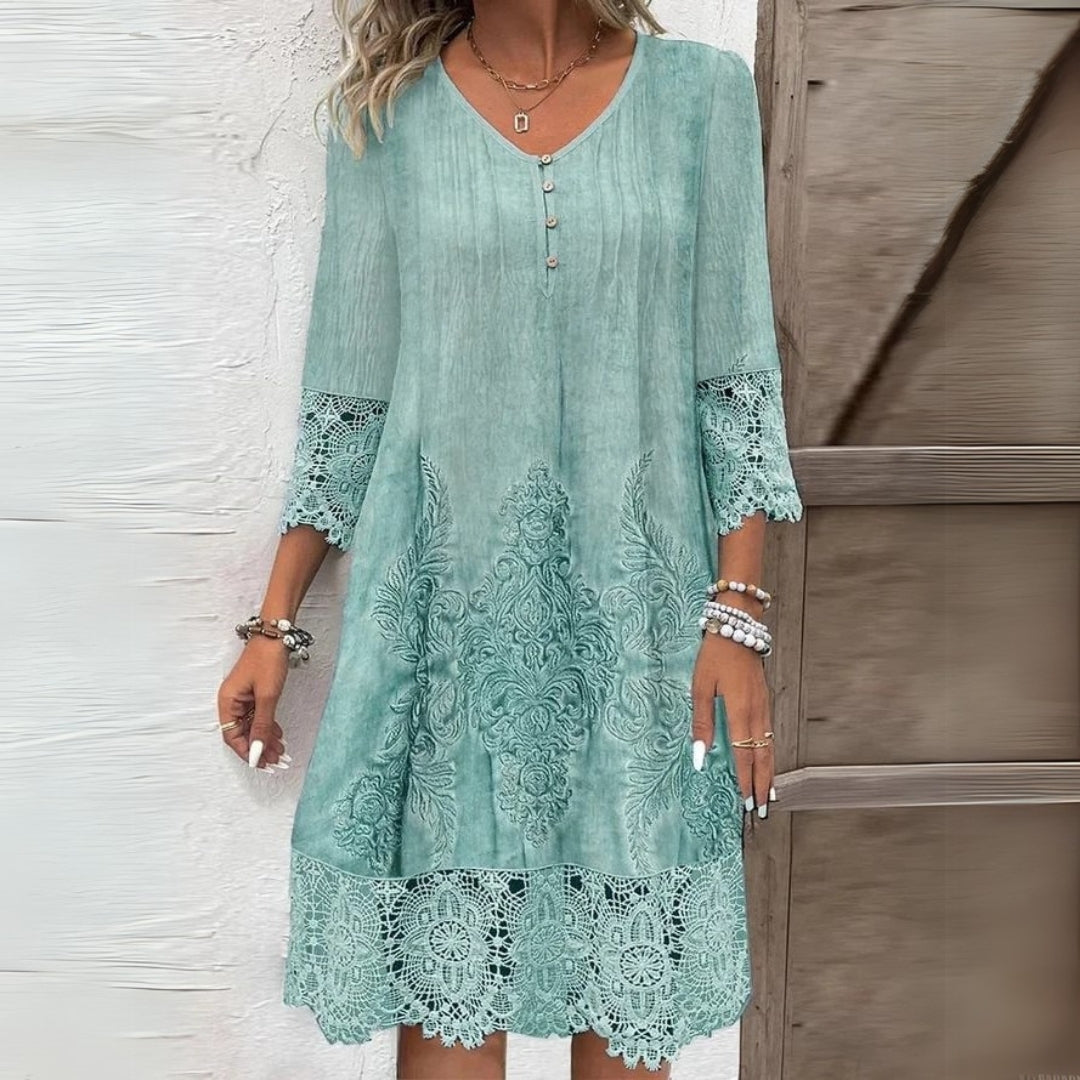 Women's embroidered floral midi dress with lace trim and three-quarter sleeves