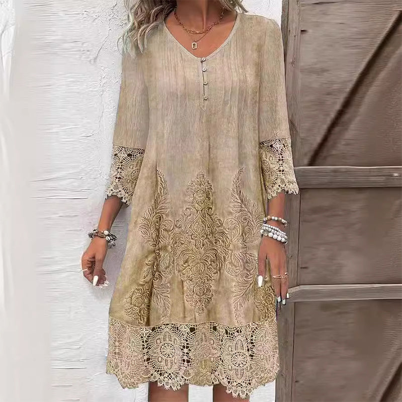 Women's embroidered floral midi dress with lace trim and three-quarter sleeves