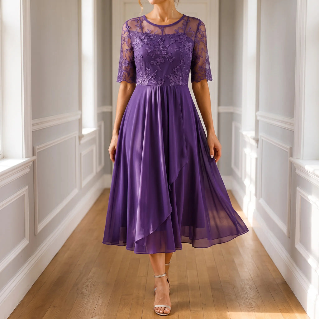 Floramidi  - Elegant A-Line Floral Embroidered Midi Dress Evening Gatherings