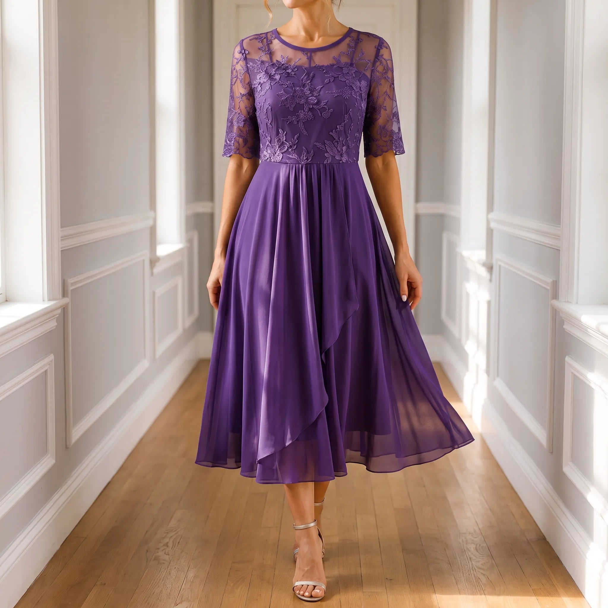 Floramidi  - Elegant A-Line Floral Embroidered Midi Dress Evening Gatherings