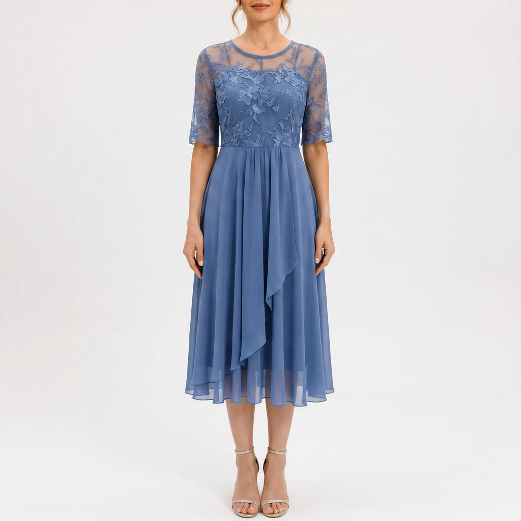 Floramidi  - Elegant A-Line Floral Embroidered Midi Dress Evening Gatherings