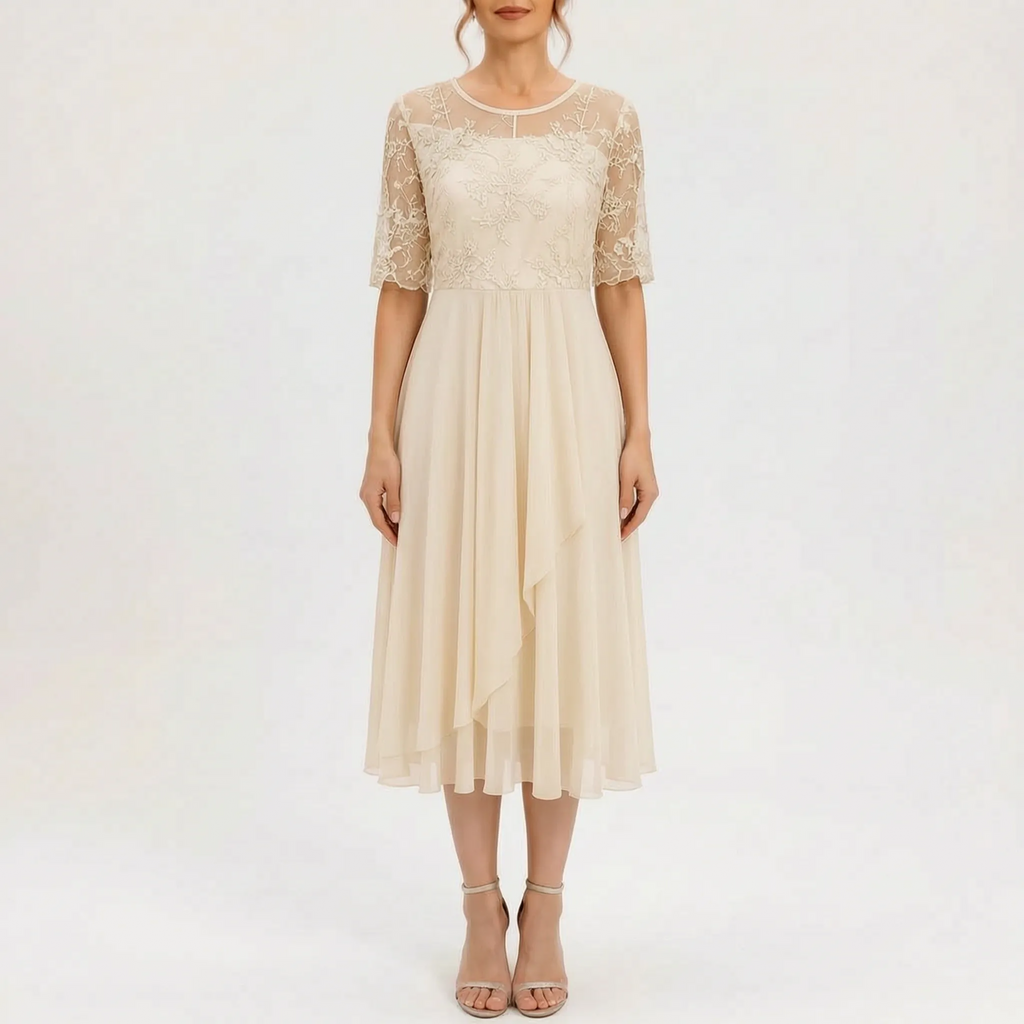Floramidi  - Elegant A-Line Floral Embroidered Midi Dress Evening Gatherings
