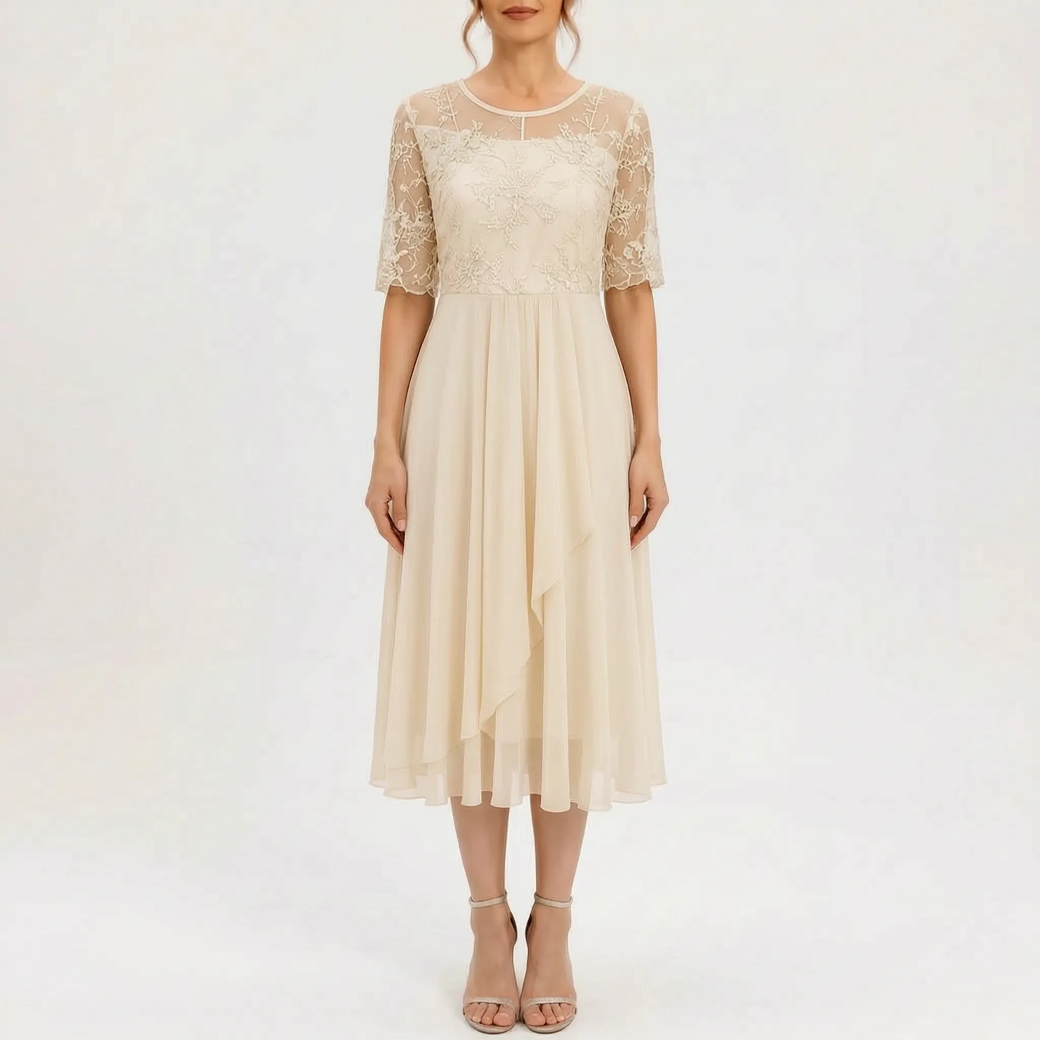 Floramidi  - Elegant A-Line Floral Embroidered Midi Dress Evening Gatherings