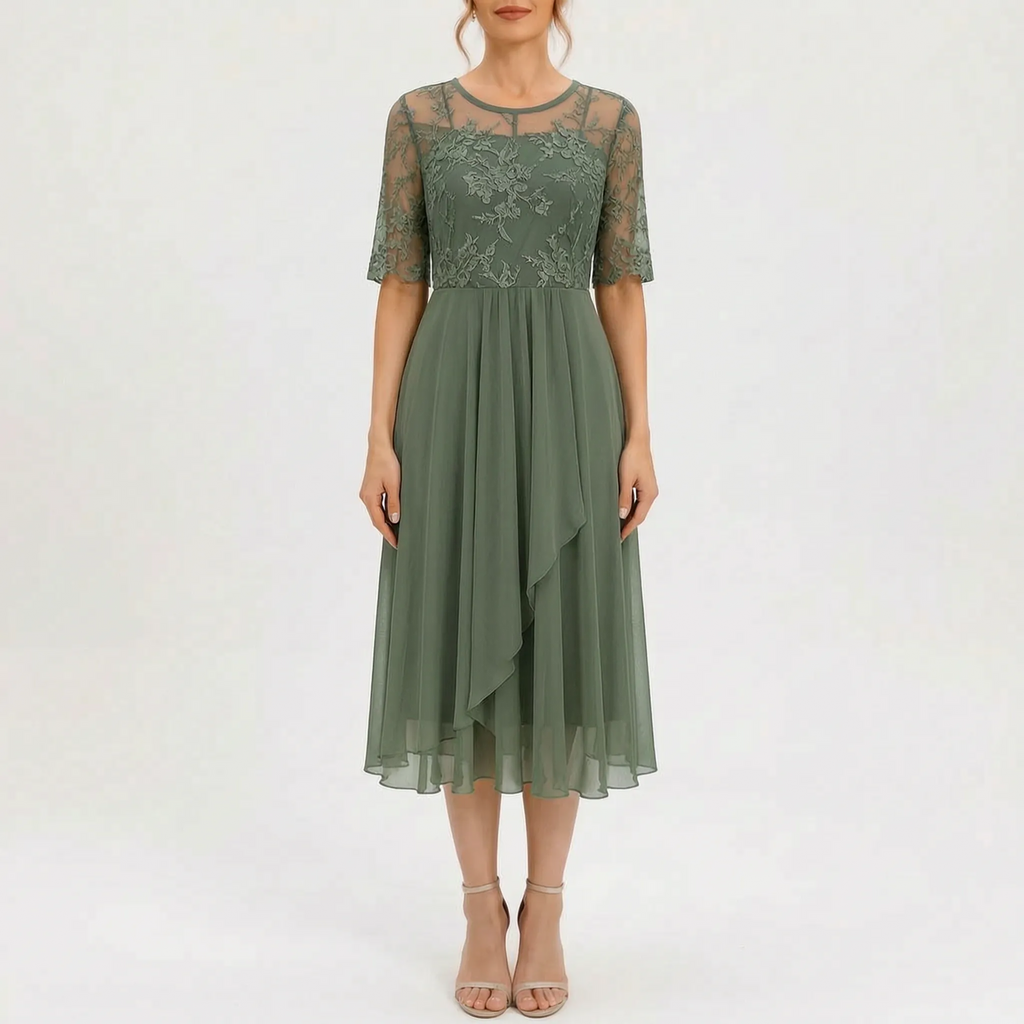 Floramidi  - Elegant A-Line Floral Embroidered Midi Dress Evening Gatherings