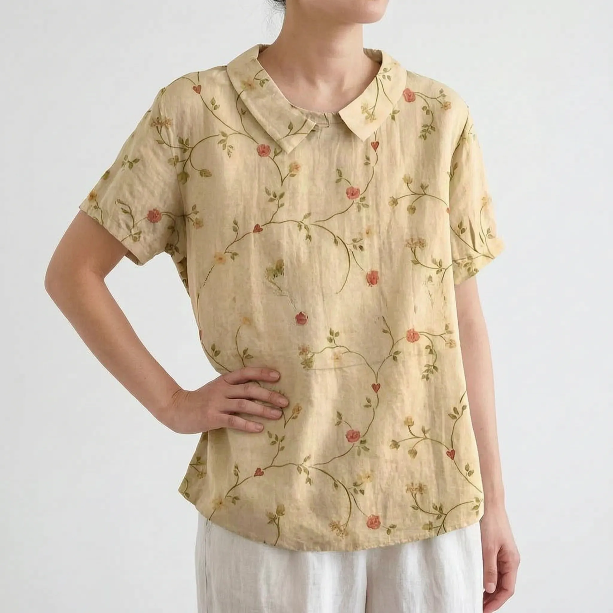 Florisa - Relaxed Short-Sleeved Womens Floral Blouse