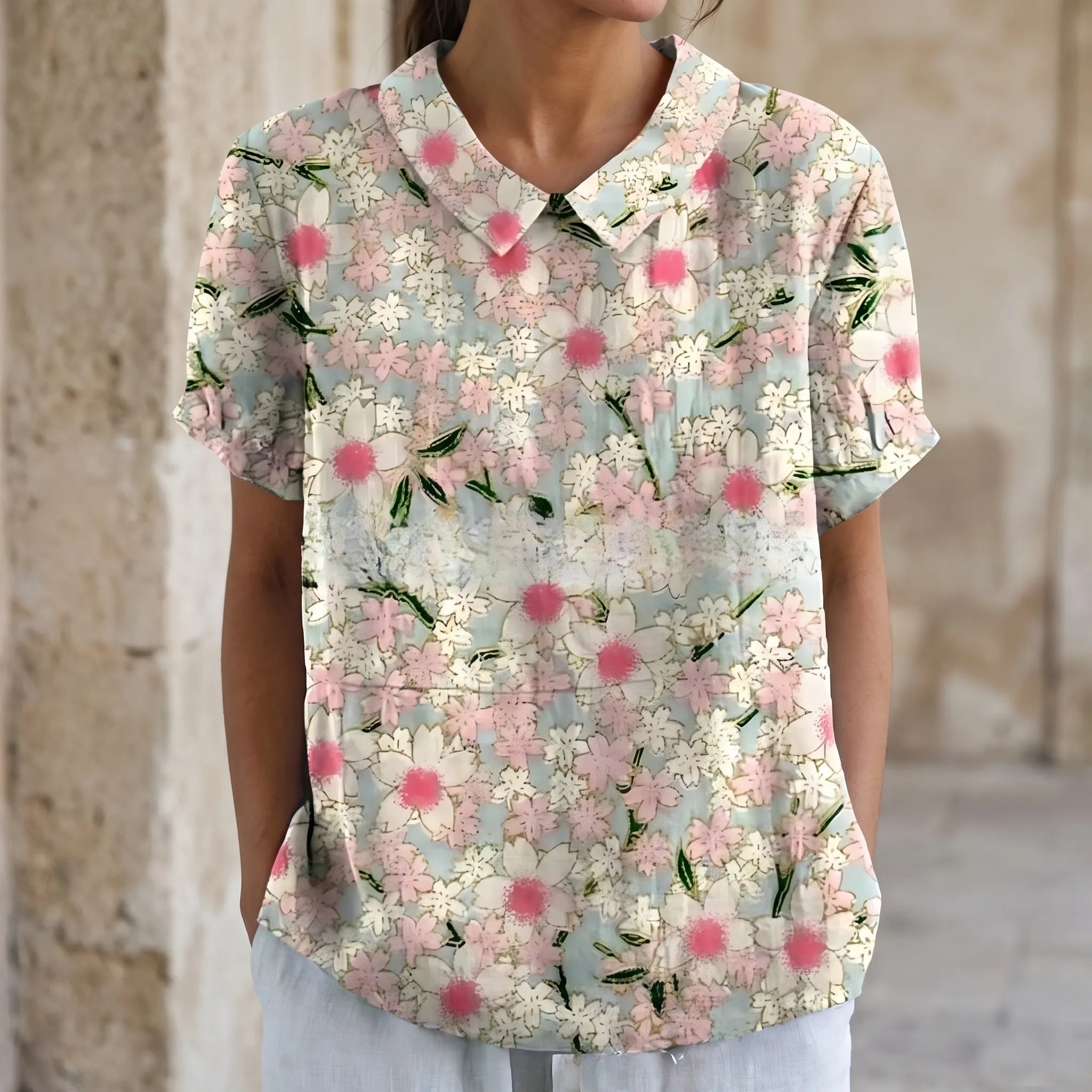 Florisa - Relaxed Short-Sleeved Womens Floral Blouse