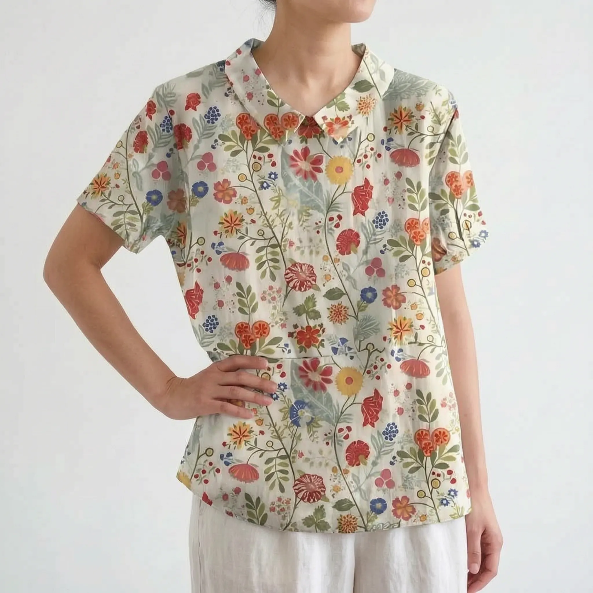 Florisa - Relaxed Short-Sleeved Womens Floral Blouse