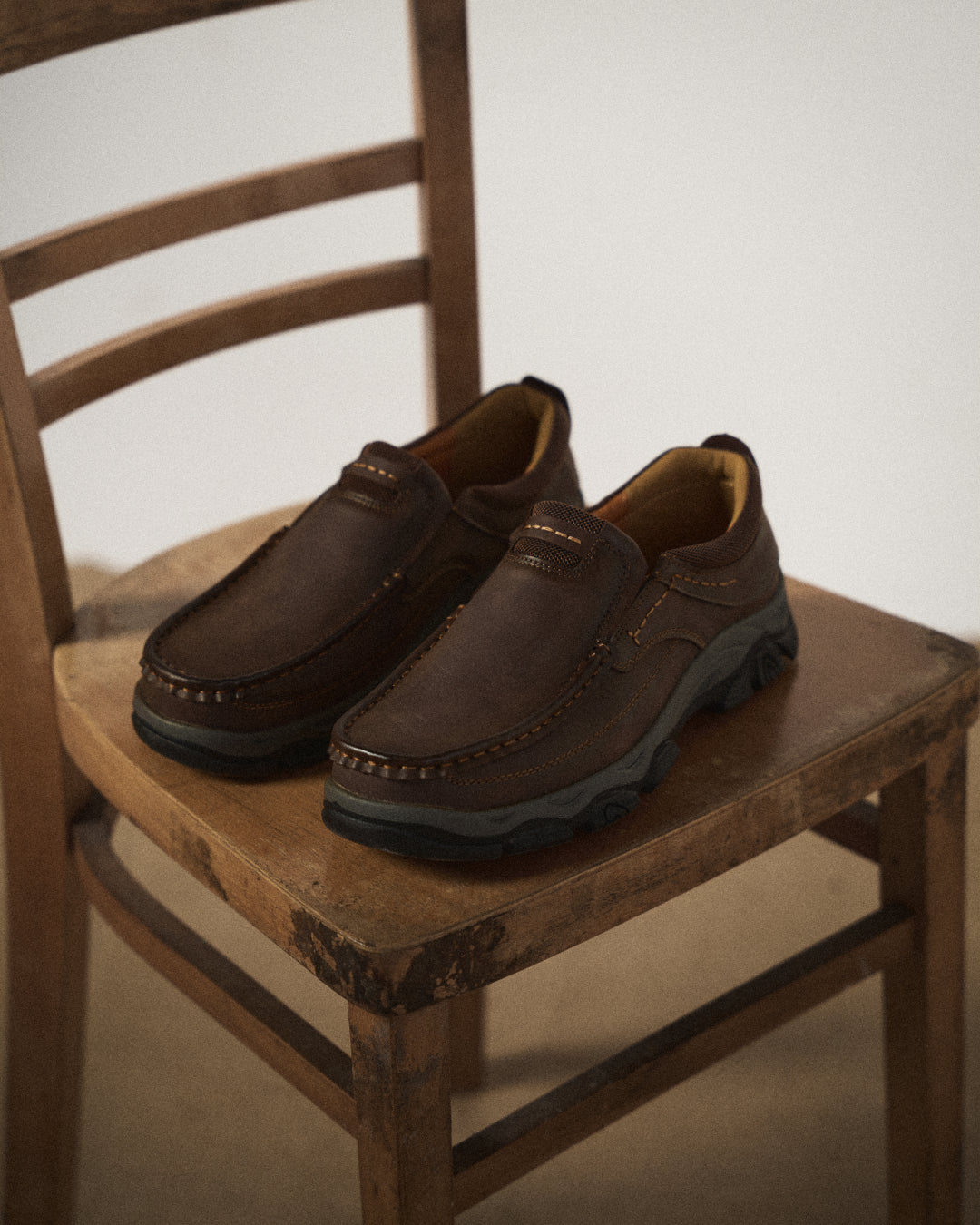 Men's casual moc toe loafers with chunky treaded soles