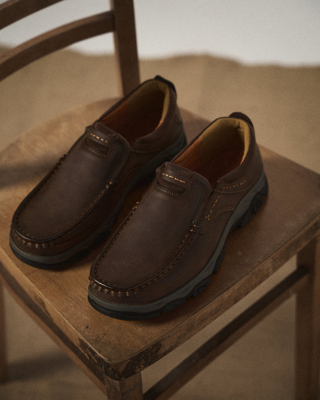 Men's casual moc toe loafers with chunky treaded soles