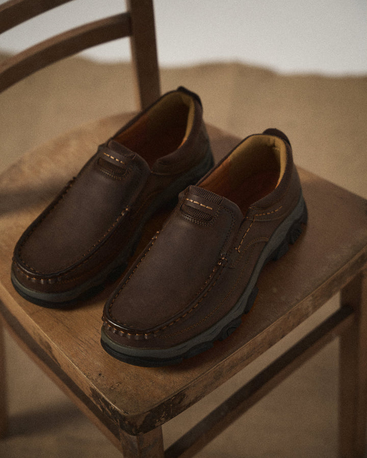 Men's casual moc toe loafers with chunky treaded soles
