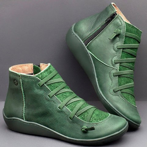 Women's high-top lace-up ankle boots with side zip, shown in green and blue colourways