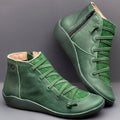 Women's high-top lace-up ankle boots with side zip, shown in green and blue colourways