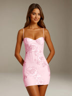 Women's floral sweetheart mini dress with spaghetti straps