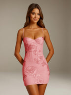 Women's floral sweetheart mini dress with spaghetti straps