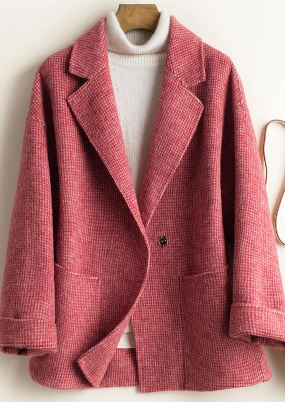 Women's textured plaid tunic coat with notched lapels and front patch pockets
