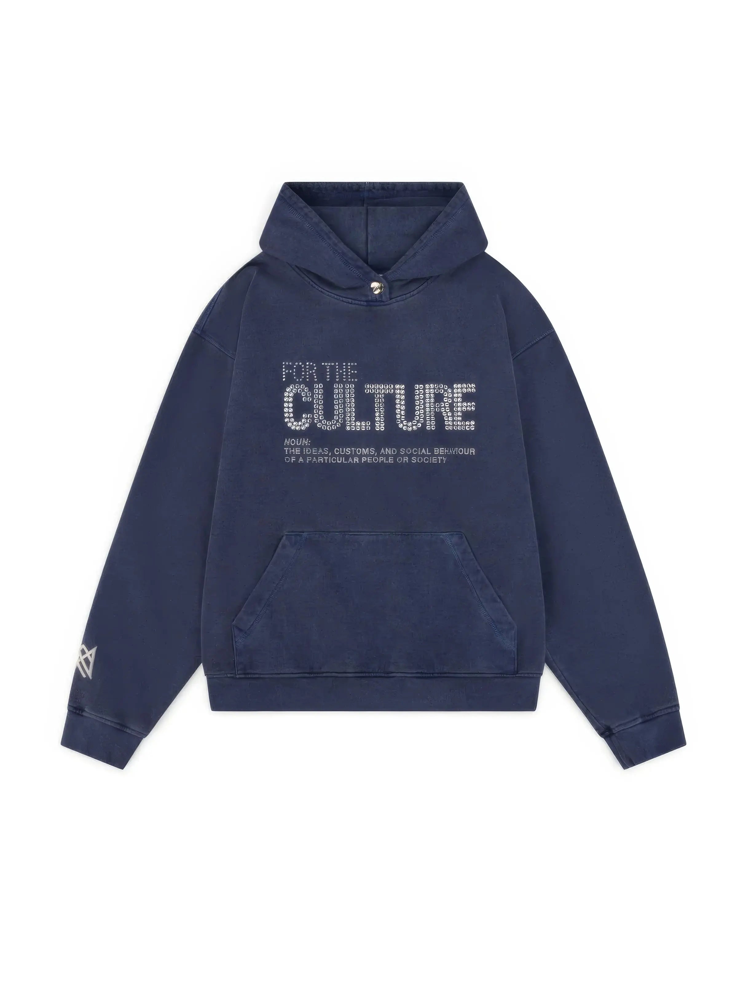 Women's blue graphic hoodie with text design and kangaroo pocket