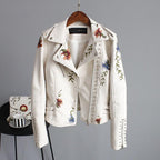 Women's floral biker jacket with studded trim and long sleeves