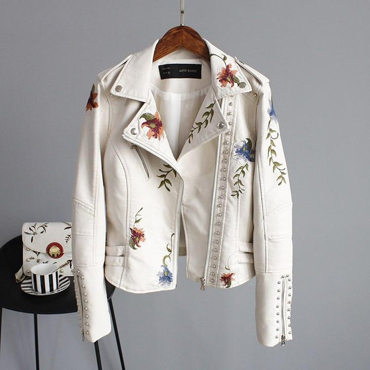 Women's floral biker jacket with studded trim and long sleeves