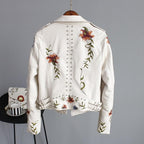 Women's floral biker jacket with studded trim and long sleeves