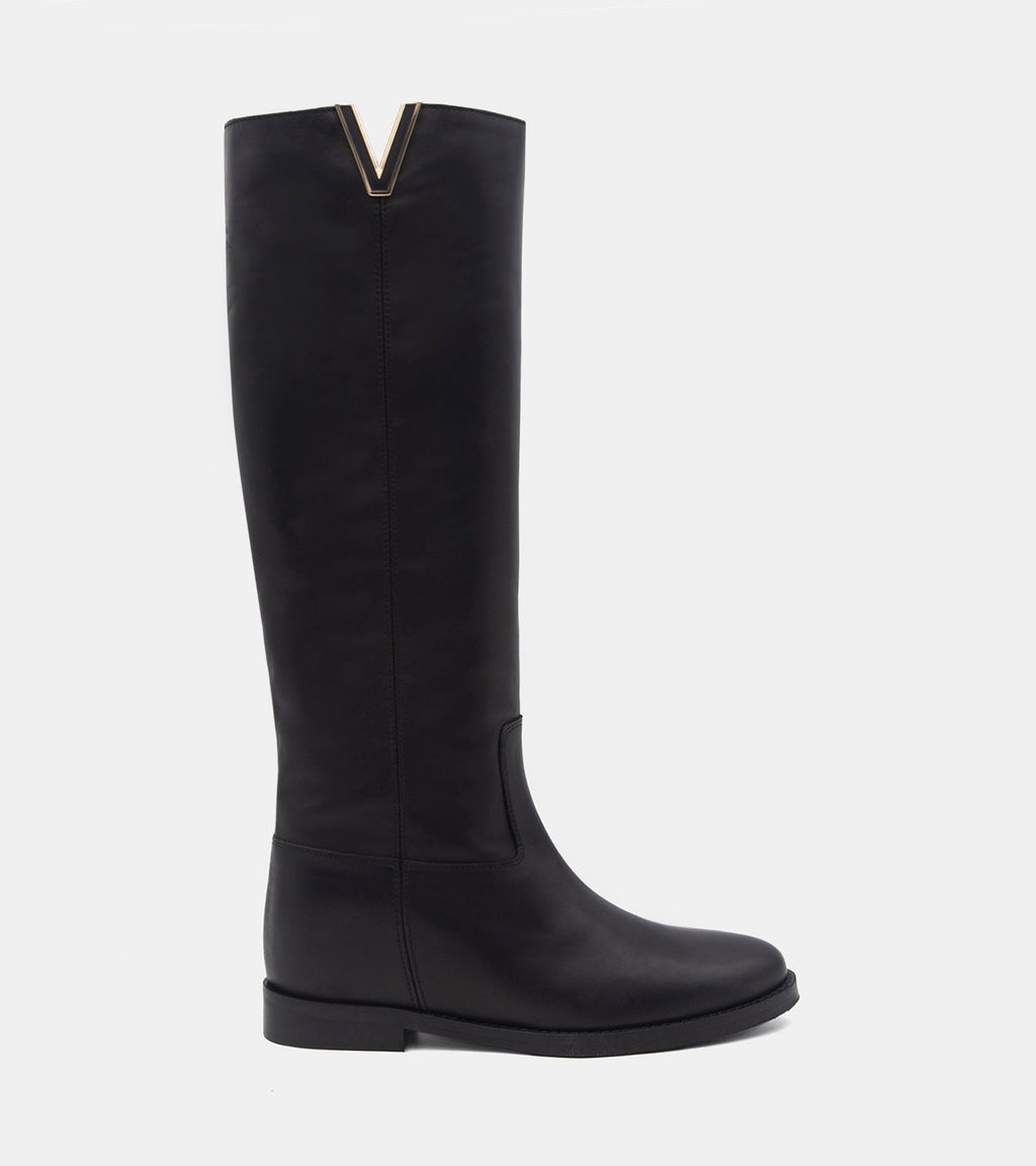 Women's black knee-high boots with V-cut topline