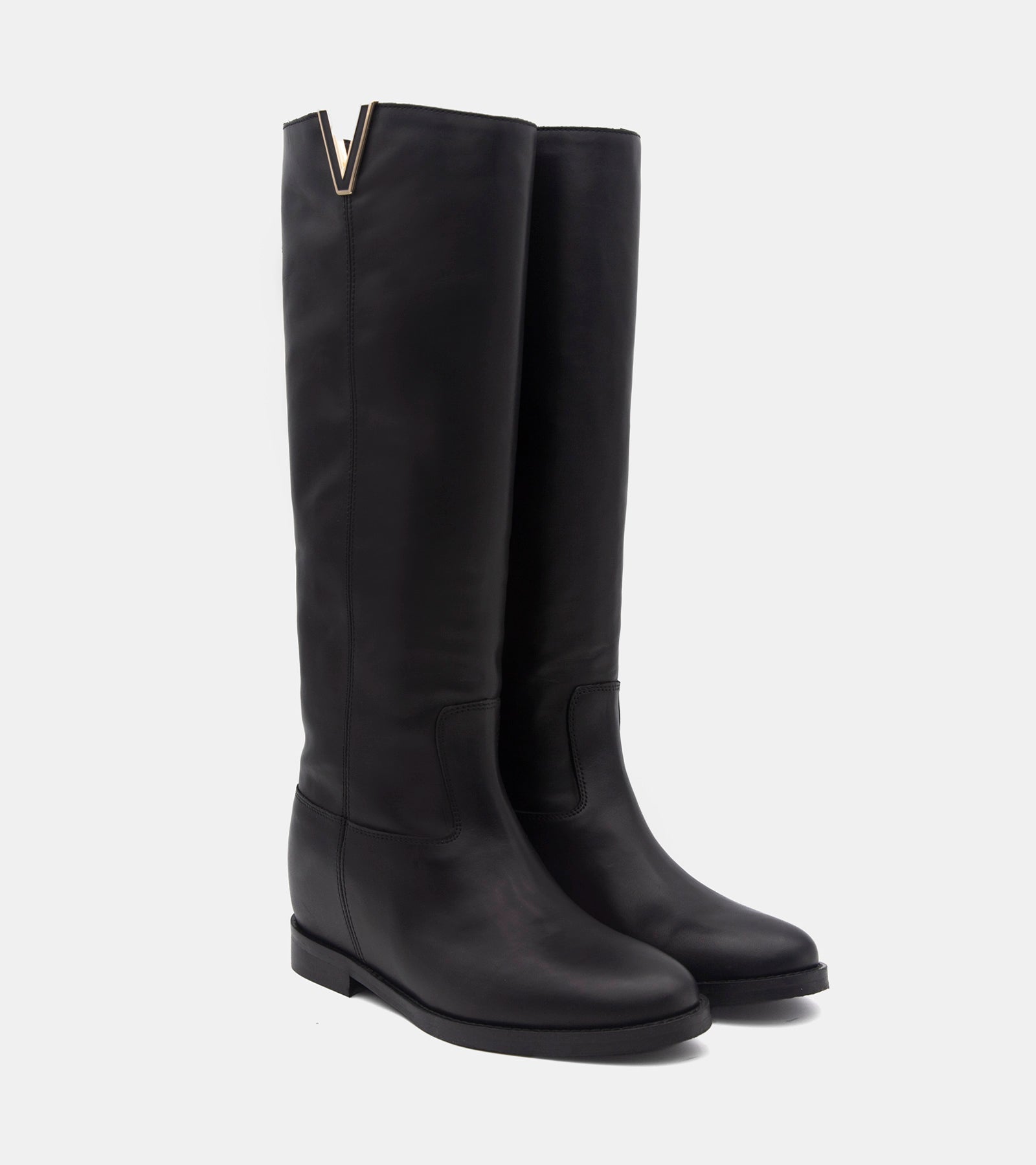 Women's black knee-high boots with V-cut topline