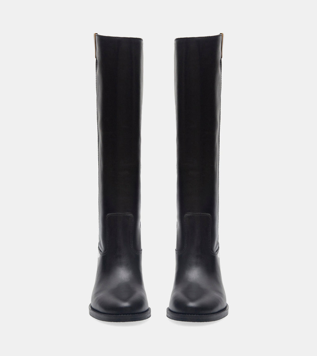 Women's black knee-high boots with V-cut topline