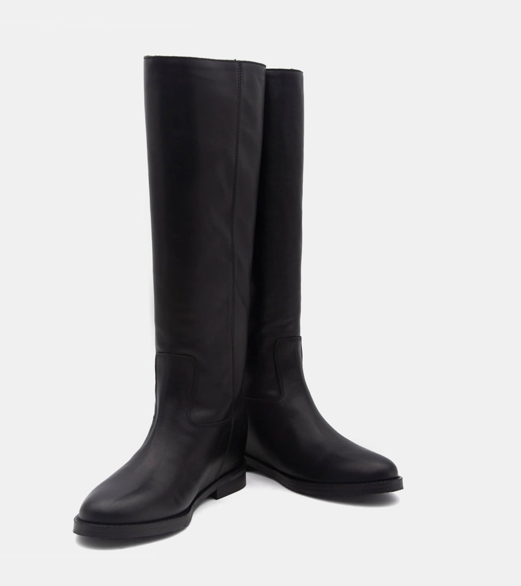 Women's black knee-high boots with V-cut topline