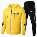 Men's hooded tracksuit with zip jacket and striped joggers