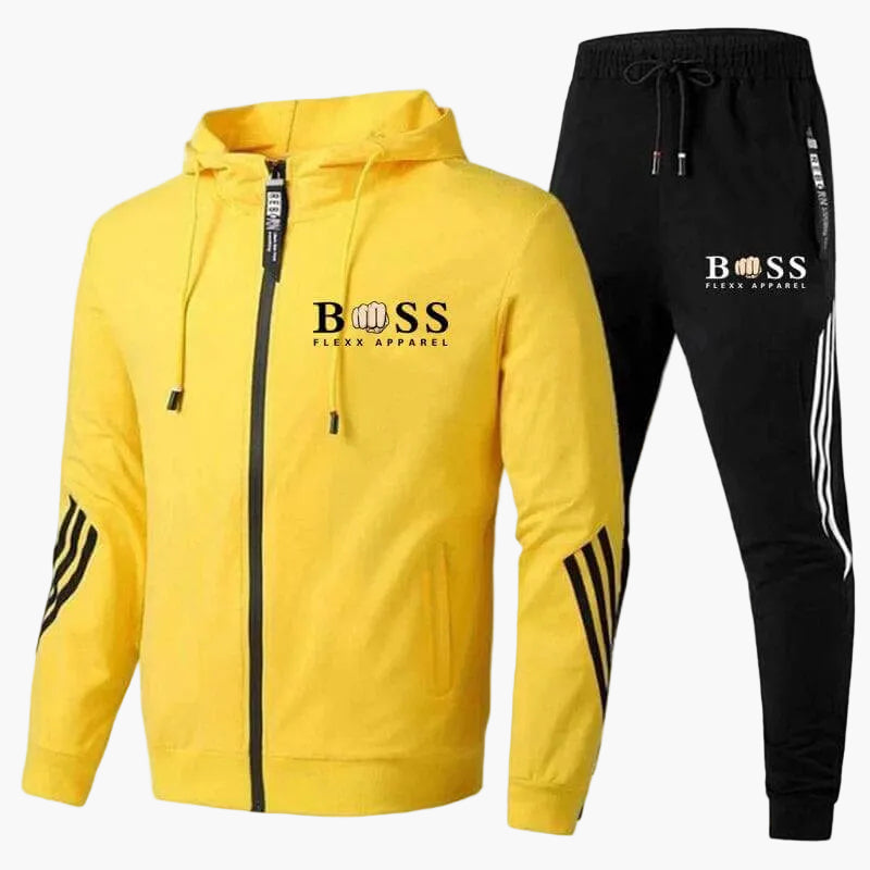 Men's hooded tracksuit with zip jacket and striped joggers